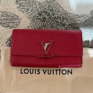Louis Vuitton Red Clutch with Silver Chain cross body bag option